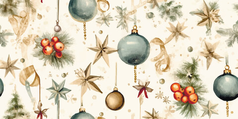 Christmas vintage watercolor seamless pattern on white with retro balls, vector holiday background in flat style for fabric, textile, wrapping paper, wallpaper - obrazy, fototapety, plakaty