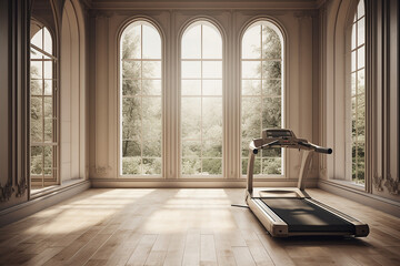 A Spacious Beige-toned Interior with a Treadmill and Natural Light through Arched Windows