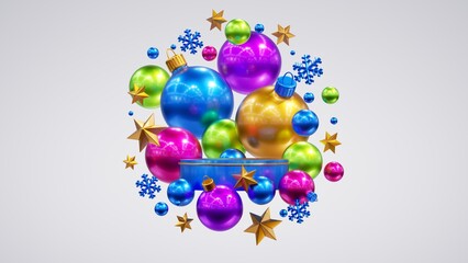 3d render, New Year and Christmas holiday ornaments. Blue green pink and gold glass balls, golden stars, metallic snowflakes isolated on white background. Empty podium surrounded by levitating objects