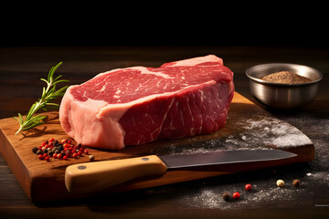 Raw wagyu fillet steak on wooden chopping board  - obrazy, fototapety, plakaty