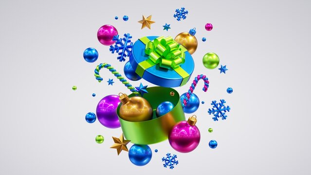 3d render, New Year and Christmas holiday ornaments. Blue green pink and gold glass balls, golden stars, metallic snowflakes isolated on white background. Flying glossy objects