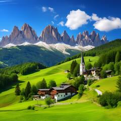 swiss alpine village mountain, landscape, alps, nature, mountains, sky, valley, grass, summer, meadow, village, 