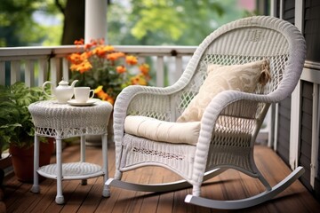 white wicker rocking chair on a patio with a cup of coffee on the side table - obrazy, fototapety, plakaty