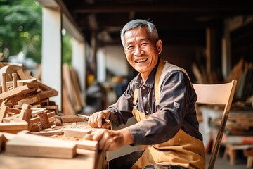 An elderly carpenter in retirement age repairs wood products - obrazy, fototapety, plakaty