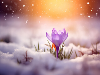Lilla color crocus flowers in the snow under the light of sunset