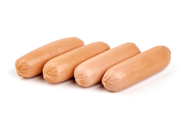 Boiled sausages with basil, isolated on white background.