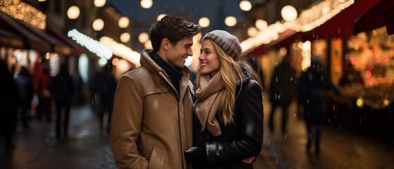 romantic couple in love at a christmas market - obrazy, fototapety, plakaty