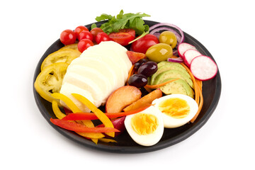 Salad with mozzarella cheese, cherry tomato, olives, isolated on white background.