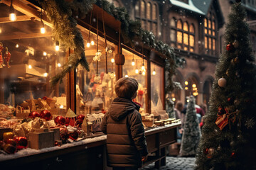 Fototapeta na wymiar Small happy child looking at decoration in a shop Christmas Market and Enjoying of a charming holidays.