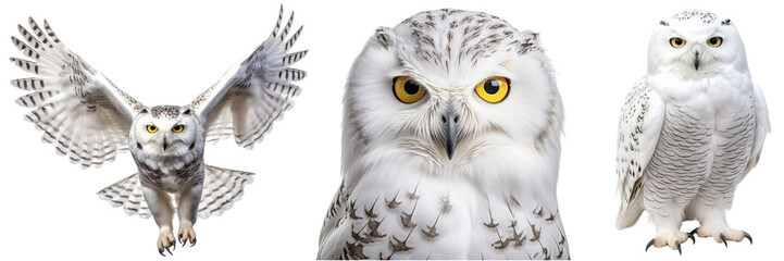 Snowy owl collection (portrait, flying, standing), animal bundle isolated on white background as transparent PNG