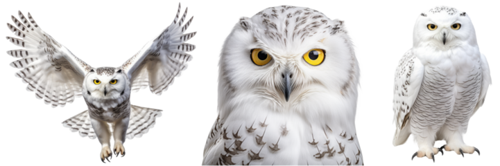 Snowy owl collection (portrait, flying, standing), animal bundle isolated on white background as transparent PNG