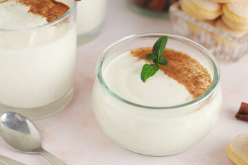 Glasses with traditional Italian dessert Zabaione made of eggs, sugar and wine	