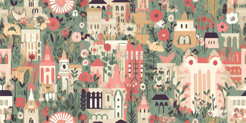 Vector pattern with with flowers, branch, leaves, flower market and cute Netherlands houses. Holland, Amsterdam. Creative floral texture. Great for fabric, textile Vector Illustration © Eli Berr