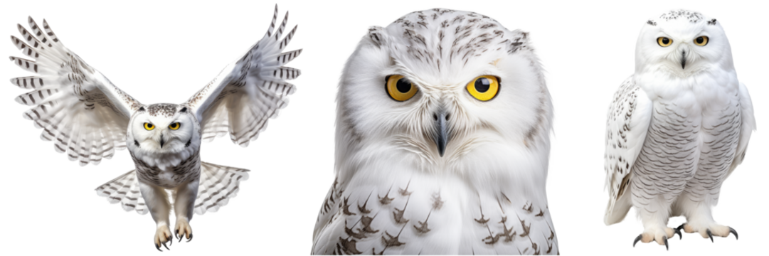 Snowy owl collection (portrait, flying, standing), animal bundle isolated on white background as transparent PNG