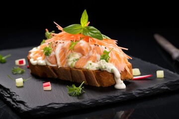 open-faced sandwich filled with coleslaw on black slate
