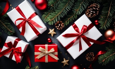 Christmas fir branches, gift boxes with red ribbon, red decoration, sparkles and confetti on white background. Xmas and New Year greeting card, winter, Generative AI