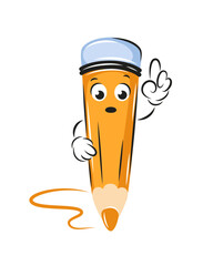 Cartoon pencil pointing with his finger. Knowledge and education concept. Vector illustration for children design or school.
