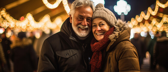 elderly couple at a christmas market in winter