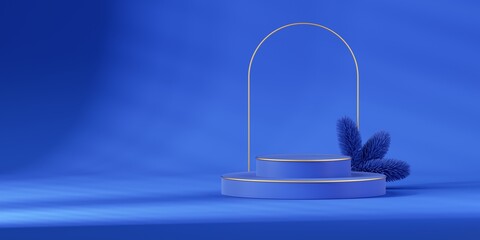 3d render, abstract blue background of empty stage for product presentation, decorated with spruce twigs. Holiday banner mockup