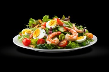 Fresh Salad made of shrimp, boiled eggs, prawn, avocado, cucumber, tomato, onion, kimchi, lettuce on black bowl