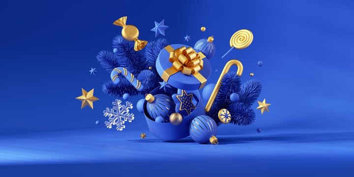 3d render, Exploding gift box. Blue and gold Christmas ornaments, candies and sweets falling out the open box, isolated on blue background. Holiday illustration © wacomka