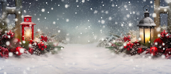 Christmas backround, Christmas lantern in the snow, christmas backround, generative ai 