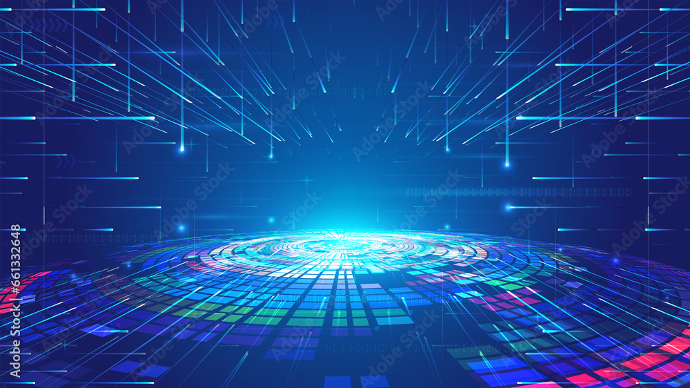 Poster square rotating booth with luminous ray network technology spatial background