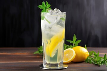 chilled summer lemonade with ice in a tall glass