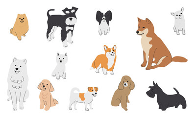 Obraz na płótnie Canvas Collection of cute baby dogs cartoon hand drawn style. Collection of dog characters, flat illustration for design, decor, print, stickers, posters. Vector illustration isolated on a white background.