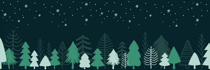 Hand drawn Christmas trees for card. Vintage background for the holiday. Green colors with modern design. Vector illustration.