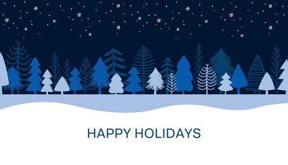 Hand drawn Christmas trees for card. Vintage background for the holiday. Blue colors with modern design. Vector illustration