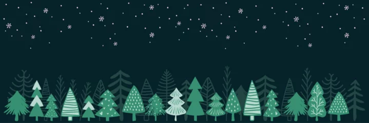 Foto op Plexiglas Winter landscape with hand-drawn forest trees in shades of green. Christmas concept. vector illustration © AZOGUE.art