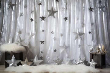 a white faux fur backdrop with silver stars