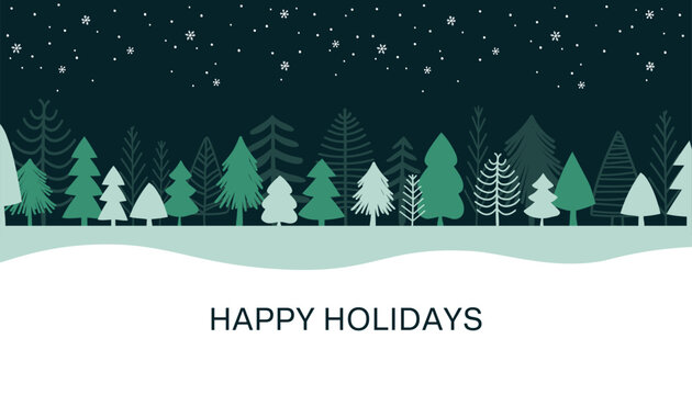 Christmas card with snowing winter landscape. Hand-drawn pine trees with snowflakes. Green colors. Vector illustration.