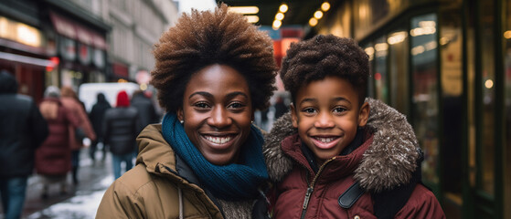 portrait of a black woman and her son  on the street in winter