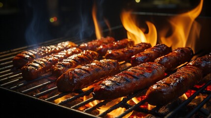Shot of hand moving sausages around on an argentinian asado mixed grill - obrazy, fototapety, plakaty