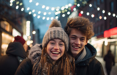couple at german christmas market in the evening - obrazy, fototapety, plakaty
