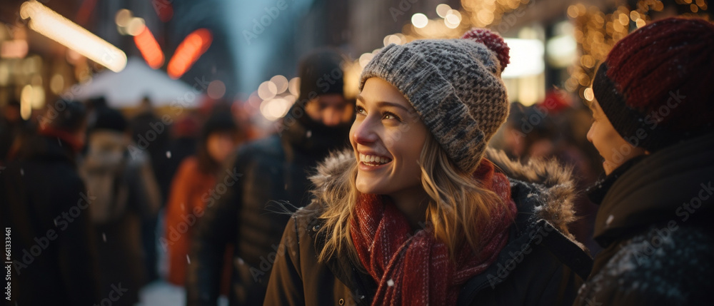 Poster portrait of a young woman in a city landscape in winter