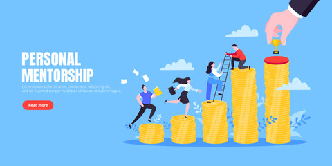 Business mentor helps improve career and money stacks growing. He holds stairs steps vector illustration. Mentorship, upskills, climb help self development strategy flat style design business concept.