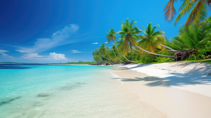Fototapeta na wymiar A tropical beach with palm trees, white sand, and crystal-clear water Ai Generative