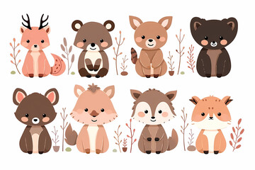 Set of cute baby woodland animals Illustration isolated drawings by hand. Perfect for nursery poster.