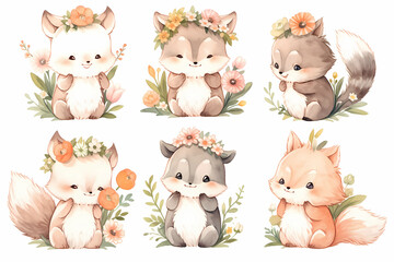 Set of cute baby woodland animals with a flower Illustration isolated drawings by hand