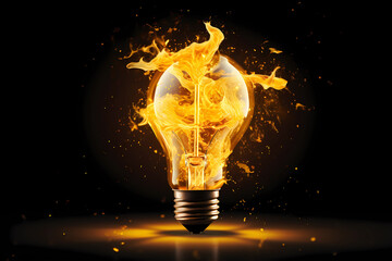 Creative light bulb explodes with splashes of yellow paint, concept. Creative idea, new idea generator. Creativity and the desktop