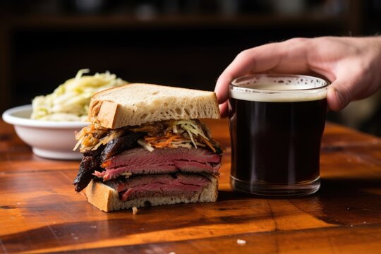 hand with a glass of stout next to beef brisket sandwich on a table