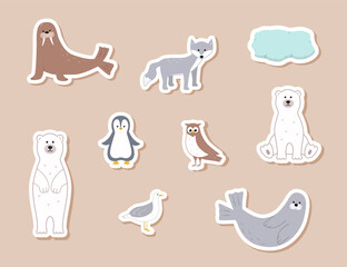 Stickers Cute Arctic animals. Vector illustration with funny polar animals. Polar bear walrus seal seagull scribe owl.