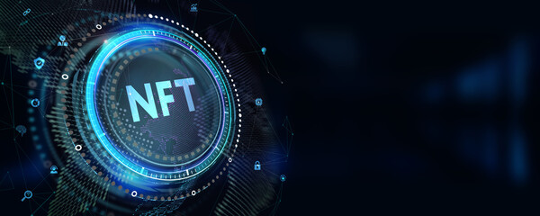 NFT Non-fungible token digital crypto on virtual screen. 3d illustration