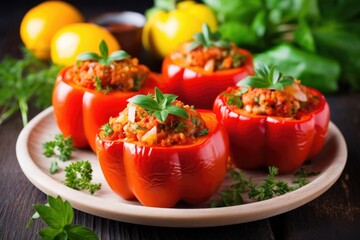 stuffed bell peppers with steaming hot tomato sauce