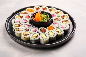 sushi rolls with vegetable fillings on a ceramic plate