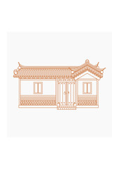 Editable Vector Illustration of Wide Traditional Hanok Korean House Building in Outline Style for Artwork Element of Oriental History and Culture Related Design