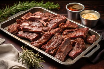 tangy beef ribs in a serving tray, with a silver serving set